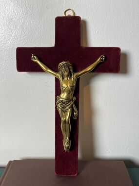 Antique Solid Brass Jesus Crucifix on Red Velvet Cross Wall Hanging Portugal